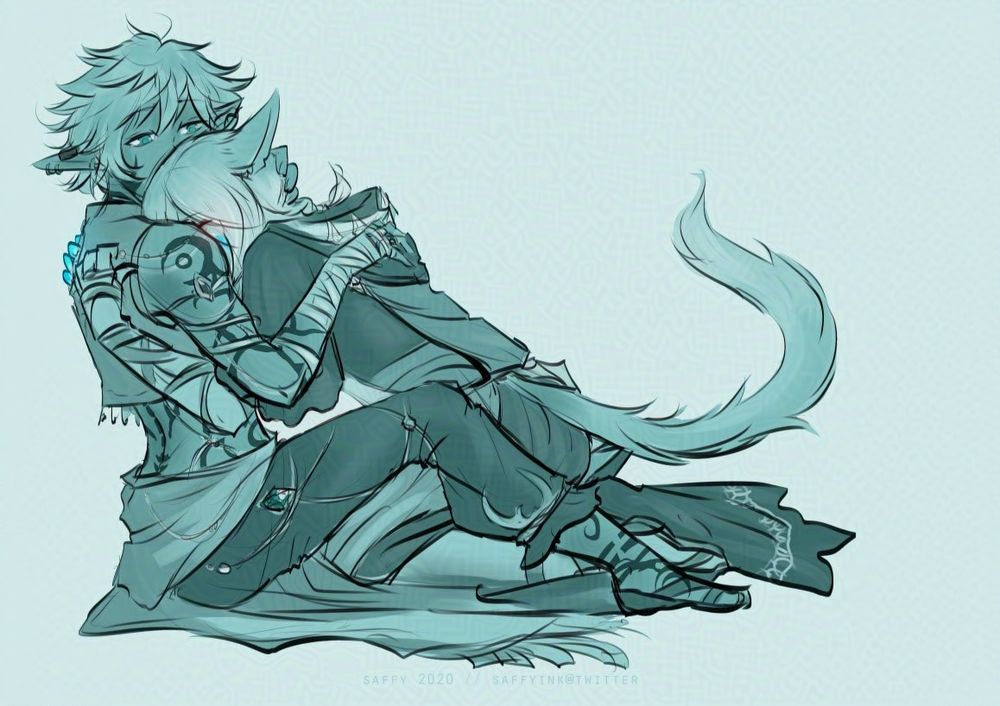 A grayscale image of the Crystal Exarch/G'raha Tia sobbing into the shoulder of the WoL (Amal) while they are on the floor. Because I suck at backgrounds.