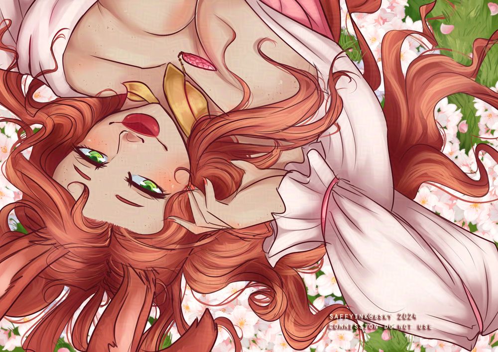 A redheaded bunny girl laying down in grass, wearing a pink peasant dress and looking coyly at the viewer.