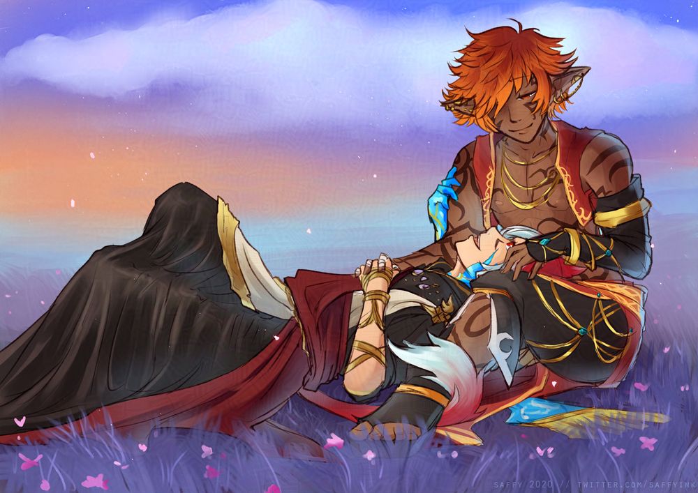 The Crystal Exarch (G'raha Tia), a redheaded catboy, having a nice relaxing time laying in the lap of a custom Warrior of Light (Amal Vasiya). They are in a field of purple grass and flowers around dawn, probably in the first zone of Shadowbringers where the Crystal Tower is located. 