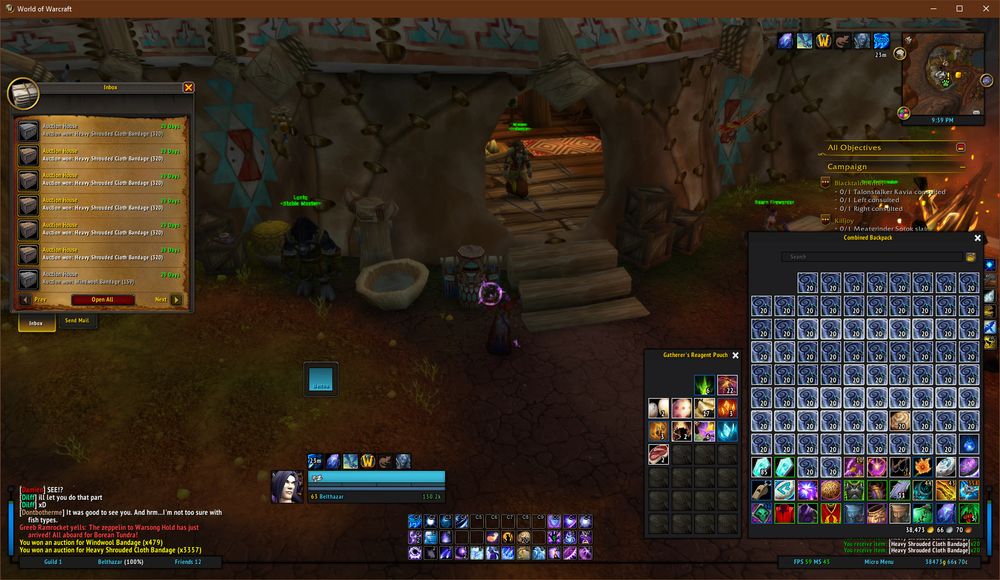 A very cluttered UI of a warcraft screen with the inventory overflowing with bandages and more waiting inside the character's mailbox