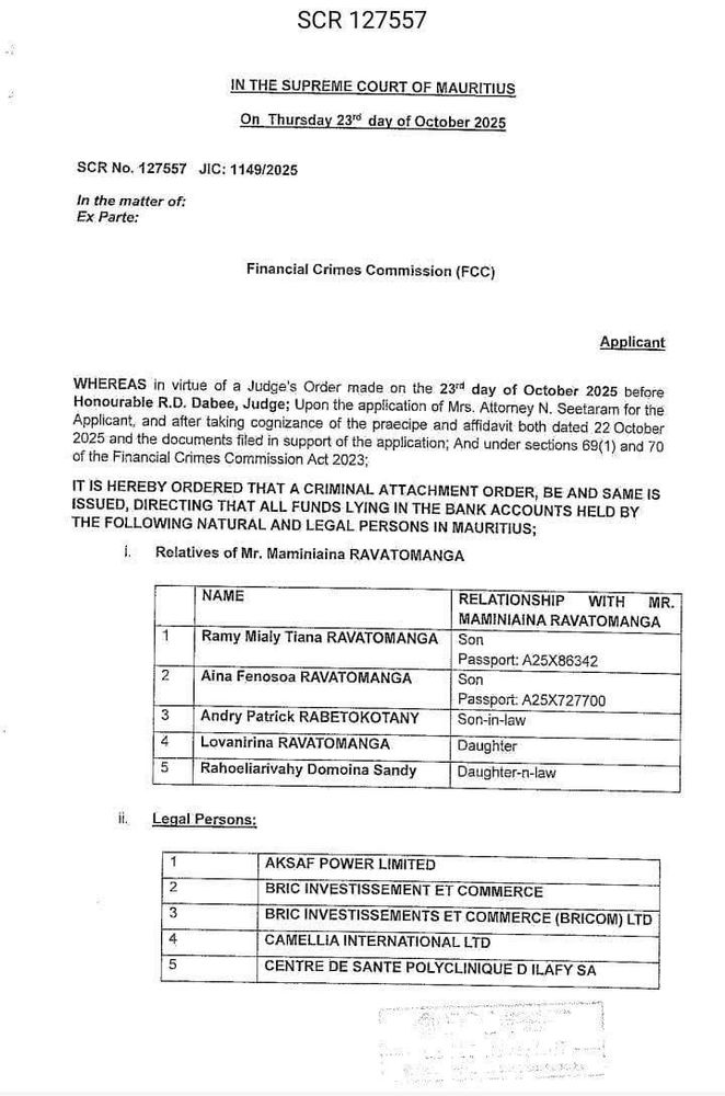 Ordonnance de la Cour Suprême de l'Île Maurice pour le gel et la saisie du patrimoine de Mamy Ravatomanga