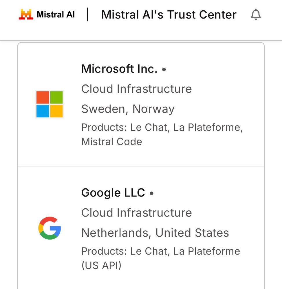 Capture d’écran du Trust Center de Mistral AI où l’on voit qu’ils utilisent Microsoft Azure et Google Cloud comme fournisseur d’infrastructure cloud avec des data centers en Suède, en Norvège, aux Pays-Bas et aux États-Unis