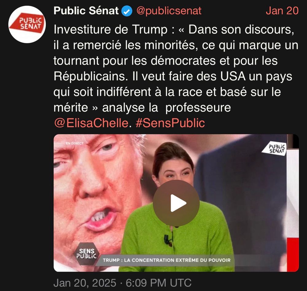 Tweet de Public Sénat : « Investiture de Trump : « Dans son discours, il a remercié les minorités, ce qui marque un tournant pour les démocrates et pour les Républicains. Il veut faire des USA un pays qui soit indifférent à la race et basé sur le mérite » analyse la professeure Elisa Chelle. »