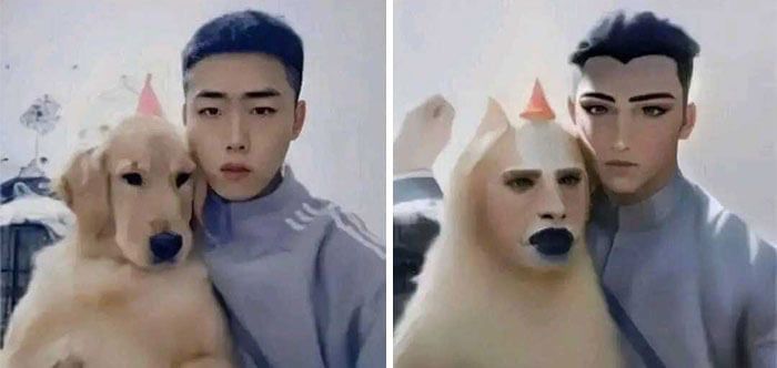 original photo of a young man and a dog on the left, with an AI image on the right of the dog with the face of a person