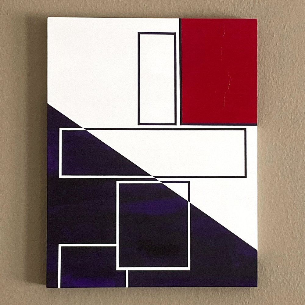 photo of abstract geometric acrylic painting on wood panel board