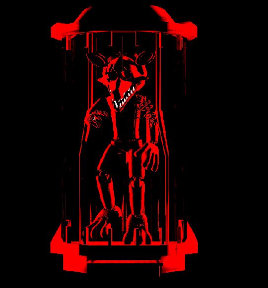 A large test tube-like chamber that holds a robotic canine hybrid. it's mostly in shadow but is back lit by red lights. the teeth and an orb on the canine's right paw, glows white.