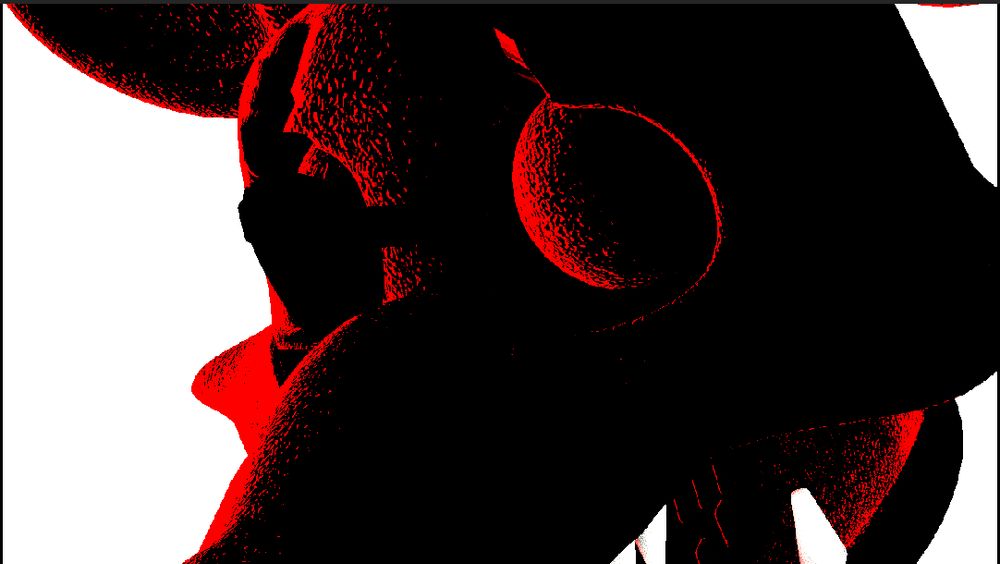 A canine animatronic head cast in shadow. it's backlit by bright red lights and the background is white