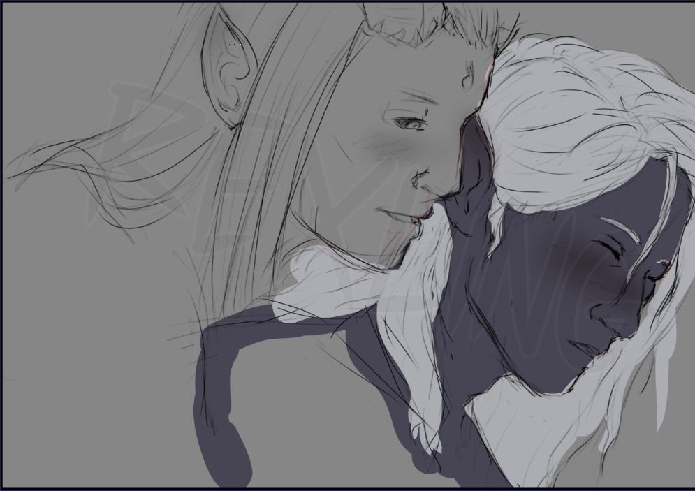 Sketch of a tiefling whispering in a pleasured-looking drow's ear.