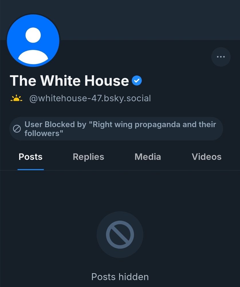 A screenshot showing that I didn't even need to block the official account, because it was already added to the right wing propaganda block list I subscribe to. Thank you block lists, and also, damn.