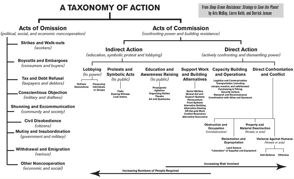 Image of Deep Green Resistance's Taxonomy of Action. Also found at: https://deepgreenresistance.net/en/resistance/action-taxonomy/taxonomy-of-action/