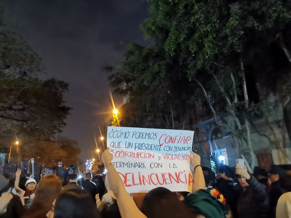 Cartel sostenido por una manifestante que dice: "Cómo podemos confiar que un presidente con denuncias de corrupción y violación terminará con la delincuencia?" 