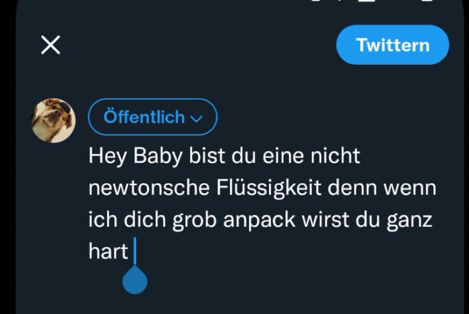 Screenshot eines Tweet Entwurfs von mir 

Hey Baby bist du eine nicht newtonsche Flüssigkeit denn wenn ich dich grob anpack wirst du ganz hart