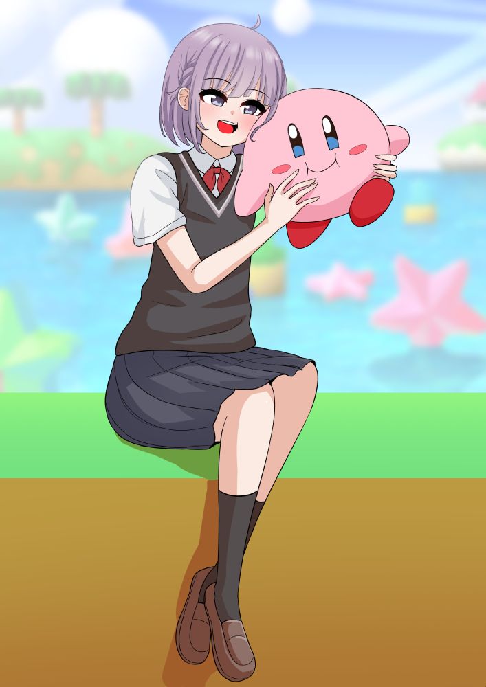Weee Desu (an Indie VTuber) is sitting in the Spring Breeze Variant of Dream Land. She pushes her cheek up against the pink puffball, Kirby. Kirby is making a funny smile, similar to his original one back in Kirby's Adventure. Kirby's also Weee's favorite character and they both have a smile on their faces.