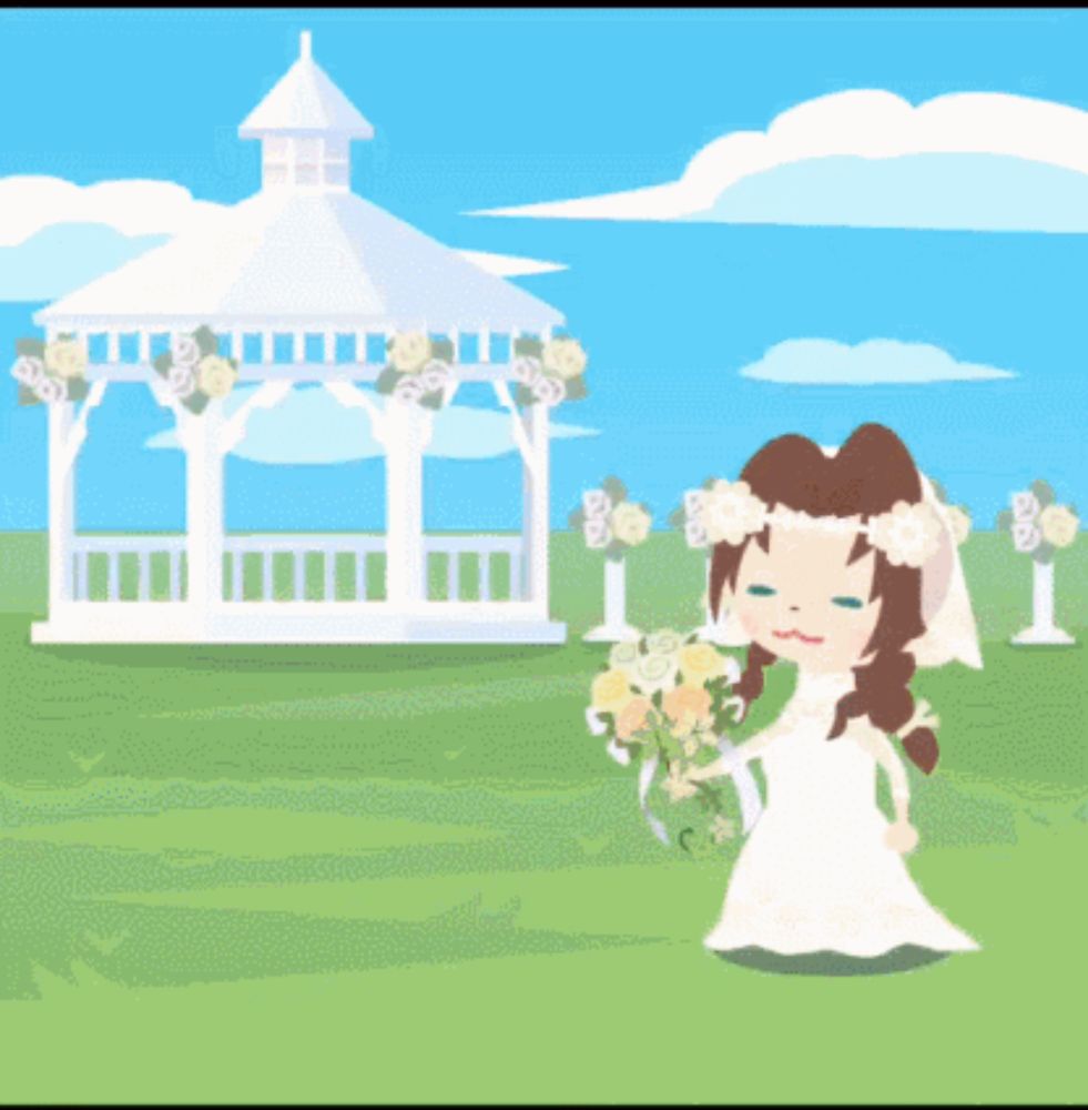 a girl in a wedding dress holding a bouquet of flowers in front of a gazebo