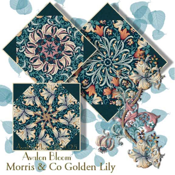 Create a Maximalist Kaleidoscope Quilt with Golden Lily from the Red House Collection by Morris & Co. for Free Spirit Fabrics. Designed by John Henry Dearle in 1899, Golden Lily is an ornate pattern capturing the diagonal arrangement of entwined lily stems and tendrils. As one of the most recognizable designs in the Morris & Co. archive, Golden Lily has striking and subtle colors. From sweet shades to striking hues, Golden Lily was carefully crafted to encompass a mass of color in endless iterations. An enduring versatility characterizes Golden Lily’s rhythmic appeal. The colors are dusty pink, jade,tangerine, taupe, manila and crimson on a teal ground, perfect for kaleidoscope quilting. The fabric pattern is Golden lily in Teal from the Red House Collection by Morris & Co. for Free Spirit Fabrics, Pattern PWWM028.TEAL color Teal.