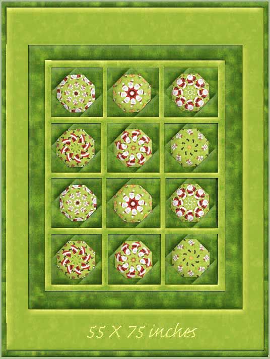 Lap Quilt finishes 55 X 75 inches and uses 12 pre cut kaleidoscope blocks. Kit includes:
Twelve Precut Kaleidoscope Blocks
Fabric for Green Borders and Frames 
Pear Green Background  Fabric  (includes binding)
Features kaleidoscopes cut from Jolly Ole' St. Nick by Shelly Comiskey of Simply Shelly Designs for Henry Glass with adorable Santa Clauses, on a background of the season's hottest new color, Pear Green. 
Batting and Backing NOT included