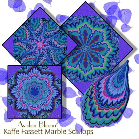Marble Scallops Kaffe Fassett Collective 2025 Kaleidoscope Quilt Block Kit Create brilliant kaleidoscope quilts with Marble Scallops in Blue from the Kaffe Fassett Collective 2025. This fabric evokes memories of the beautiful paper lining old books. Marble Scallops in Blue from the Kaffe Fassett Collective 2025 for Free Spirit Fabrics. The colors include, periwinkle, lavender, teal, turquoise, fuchsia,and blue. The fabric is Marble Scallops by the Kaffe Fasset Collective 2025 for Free Spirit Fabrics, pattern PWGP207 Color BLUE.
Pre-Cut Kaleidoscope Quilt Block Kit Details
Fabric and Design: The finished dimensions for all blocks sewn together is 24 x 32 inches, with each block measuring 8 1/2 inches square when sewn.
High-Quality Material: Our Fast and Easy Blooming Blocks© are cut from 100% cotton fabric, ensuring durability and softness.
Unique Kaleidoscope Effect: Each block in the pre-cut kaleidoscope quilt block kit will be uniquely different due to the layering of the fabric in exact repeats. This creates a stunning kaleidoscope effect by precisely rotary cutting them.
Special Features
Flat Lying Centers: The blocks are specially cut to ensure the centers lie flatter, and there is no bias on the edges of the block, so they lie flat in your quilt.
Versatile Assembly: You can put these blocks together in a quilt in various ways. The kit includes illustrated instructions to complete the blocks that even a beginner can understand.
Bonus Instructions: Additional instructions are provided for dimensions to include these blocks in a King, Queen, Double, Twin, or Baby Crib quilt. You can also create a wall hanging quilt, table runner, or placemats.
