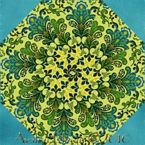 Splendor Kaleidoscope Quilt Block Kit. The Color Principle  Studio is a Design Studio that offers fresh and thoughtfully created fabric collections, crafted for an array of design niches exclusively for Henry Glass & Co. This kaleidoscope is cut from a fabric from the Color Principle Studio, with  large medallions, and sophisticated scroll work all with occasional highlights in gold metallic. The designs are drawn from experiences and the environment while mixing that with bold color palettes and modern/retro influences. This creates a synergy that is the Color Principle studio. Transcend the ordinary and experience the unique design world created by Color Principle Pattern #8320M-66. Colors include Chartreuse, French and Lapis Blue, and Mint Green. This is a pre cut kit to sew a set of 12 kaleidoscope quilt blocks. Finished dimension for all blocks sewn together is 24 X 32 inches Each block measures 8 1/2 inches square when sewn. Our Fast and Easy Blooming Blocks© are cut from 100 percent cotton fabric. Each block in the set will be uniquely different due to layering the fabric in exact repeats to create a kaleidoscope effect by precisely rotary cutting them.They are specially cut so that the centers will lie flatter and so there is no bias on the edges of the block so they lie flat in your quilt. You can put these blocks together in a quilt in different ways. Illustrated instructions included to complete the blocks that even a beginner can understand as well as bonus instructions for dimensions to include these blocks in a King, Queen, Double, Twin or Baby Crib, wall hanging quilt as well as a Table Runner or Placemats.