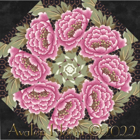 English Pathways from Wilmington Prints  is a beautiful and elegant floral group by Kaye England, it features a large filigree and floral design scrolled throughout the print. Colors include chocolate, black, cream and pink. English Pathways by Kaye England for Wilmington Prints, The pattern is 98431color 923. Finished dimension for all blocks sewn together is 24 X 32 inches. Each block measures 8 1/2 inches square when sewn. Our Fast and Easy Blooming Blocks© are cut from 100 percent cotton fabric. Each block in the set will be uniquely different due to layering the fabric in exact repeats to create a kaleidoscope effect by precisely rotary cutting them.They are specially cut so that the centers will lie flatter and so there is no bias on the edges of the block so they lie flat in your quilt. You can put these blocks together in a quilt in different ways. Illustrated instructions included to complete the blocks that even a beginner can understand as well as bonus instructions for dimensions to include these blocks in a King, Queen, Double, Twin or Baby Crib, wall hanging quilt as well as a Table Runner or Placemats.