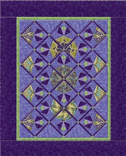 Kaleidoscope quilting has never been easier. Five pre-cut 8 inch Kaleidoscope blocks are required for this lap or wall hanging quilt, size 46 by 56 inch kaleidoscope quilt pattern. Use any of our pre-cut kaleidoscope block kits.
 
Kaleidoscope Quilt Pattern Requires:
5 pre-cut 8 1/2 kaleidoscope quilt block
Background Fabric  1 1/4 yards
Outer borders, grids and petal fabric 1 5/8 yards
Binding fabric 1/2 yard
Flower center fabric, fat quarter or 1/8 yd
Inner border,buds and accent squares fabric 1 1/4 yards