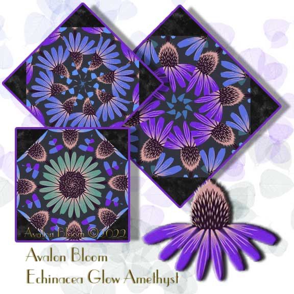 Create a Beautiful Kaleidoscope Quilt with Echinacea Glow from Love Always AM by Anna Maria Horner for Free Spirit Fabrics.A richly detailed floral print that radiates a luminous, moody elegance. Bold echinacea blooms in vibrant shades set dramatically against a deep, dark amethyst background. The contrast between the vivid florals and the dark base creates a glowing, almost illuminated effect—true to its name, Echinacea Glow. The petals of the flowers are gracefully drawn with painterly texture, while the stems and leaves add a lively green energy that balances the design. Echinacea Glow Amethyst, Love Always AM. Colors include Grape, Lavender, Periwinkle, and Green on a dark background. Love Always AM Echinacea Glow Amethyst by Free Spirit Fabrics. The pattern is PWAH149.AMETHYST color Amethyst.