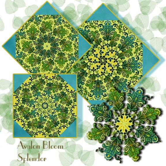 Splendor Kaleidoscope Quilt Block Kit. The Color Principle  Studio is a Design Studio that offers fresh and thoughtfully created fabric collections, crafted for an array of design niches exclusively for Henry Glass & Co. This kaleidoscope is cut from a fabric from the Color Principle Studio, with  large medallions, and sophisticated scroll work all with occasional highlights in gold metallic. The designs are drawn from experiences and the environment while mixing that with bold color palettes and modern/retro influences. This creates a synergy that is the Color Principle studio. Transcend the ordinary and experience the unique design world created by Color Principle Pattern #8320M-66. Colors include Chartreuse, French and Lapis Blue, and Mint Green. This is a pre cut kit to sew a set of 12 kaleidoscope quilt blocks. Finished dimension for all blocks sewn together is 24 X 32 inches Each block measures 8 1/2 inches square when sewn. Our Fast and Easy Blooming Blocks© are cut from 100 percent cotton fabric. Each block in the set will be uniquely different due to layering the fabric in exact repeats to create a kaleidoscope effect by precisely rotary cutting them.They are specially cut so that the centers will lie flatter and so there is no bias on the edges of the block so they lie flat in your quilt. You can put these blocks together in a quilt in different ways. Illustrated instructions included to complete the blocks that even a beginner can understand as well as bonus instructions for dimensions to include these blocks in a King, Queen, Double, Twin or Baby Crib, wall hanging quilt as well as a Table Runner or Placemats.
