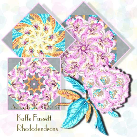 Rhododendrons are beautiful spring bloomers in Pink, Yellow and Turquoise. from Kaffe Fassett Collective's 2023 Collection. The colors include Pink, Turquoise, White, Yellow and Tangerine on a grey ground. Rhododendrons by from The Kaffe Fassett Collective2023  by Free Spirit Fabrics , Pattern Rhododendrons - PWPJ123 - Grey. Finished dimension for all blocks sewn together is 24 X 32 inches. Each block measures 8 1/2 inches square when sewn. Our Fast and Easy Blooming Blocks© are cut from 100 percent cotton fabric. Each block in the set will be uniquely different due to layering the fabric in exact repeats to create a kaleidoscope effect by precisely rotary cutting them.They are specially cut so that the centers will lie flatter and so there is no bias on the edges of the block so they lie flat in your quilt. You can put these blocks together in a quilt in different ways. Illustrated instructions included to complete the blocks that even a beginner can understand as well as bonus instructions for dimensions to include these blocks in a King, Queen, Double, Twin or Baby Crib, wall hanging quilt as well as a Table Runner or Placemats.