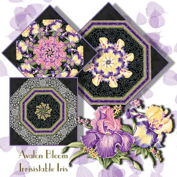 Large, lush Irises, beautifully painted, combined with a myriad of wonderful textures, truly makes an irresistible print. Ann Lauer Grizzly Gulch Gallery for Benartex,Irresistible Iris Item #: 0107112B. Colors include rich: deep purples, plums, greens, and ivory on a black ground. Finished dimension for all blocks sewn together is 24 X 32 inches. Each block measures 8 1/2 inches square when sewn. Our Fast and Easy Blooming Blocks© are cut from 100 percent cotton fabric. Each block in the set will be uniquely different due to layering the fabric in exact repeats to create a kaleidoscope effect by precisely rotary cutting them.They are specially cut so that the centers will lie flatter and so there is no bias on the edges of the block so they lie flat in your quilt. You can put these blocks together in a quilt in different ways. Illustrated instructions included to complete the blocks that even a beginner can understand as well as bonus instructions for dimensions to include these blocks in a King, Queen, Double, Twin or Baby Crib, wall hanging quilt as well as a Table Runner or Placemats.