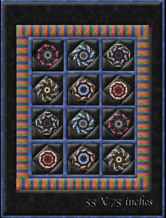 On-Point Striped Border Kaleidoscope Lap Quilt Pattern. 12 Precut 8 1/2 inch pre-cut kaleidoscope quilt blocks are required for this 55 by 75  inch lap quilt.Kaleidoscope quilting has never been easier.  Use any of our pre-cut kaleidoscope block kits.
 
Kaleidoscope Quilt Pattern Requires:
12 pre-cut 8 1/2" kaleidoscope quilt blocks
Background fabric 2 yards
Grids and stripe fabric B 1 yard
Stripe fabric C 1/2 yard
Stripe fabric D 1/2 yard
