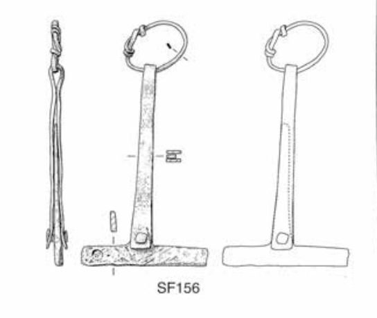 A finds illustration of artefact ADB156 from the Viking Great Army camp at Aldwark, North Yorkshire. The illustration shows the central part of a set of portable scales, with twp connected pieces of copper-alloy forming an inverted 'T' shape suspended by a knotted wire ring.