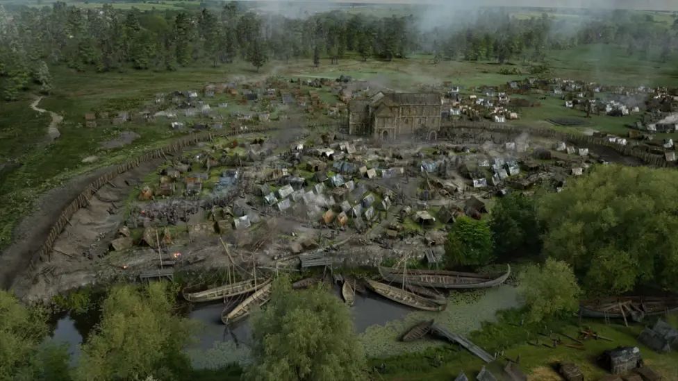 An imaginative reconstruction of the Viking Great Army camp at Repton, Derbyshire, showing the probably confused and crowded nature of such locations.