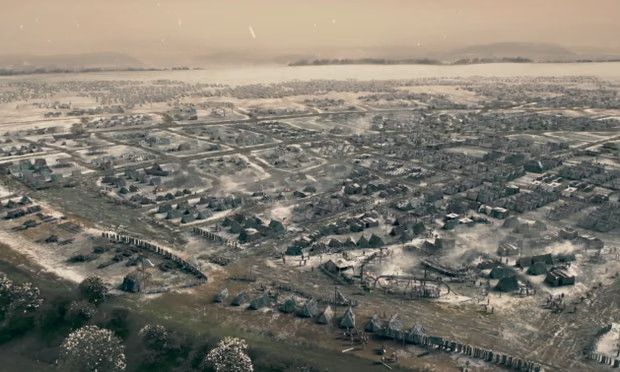 A speculative reconstruction of the Great Army camp at Torksey, showing it in the winter of 872-3 AD. The open, muddy ground at the southern edge of the camp is visible - this was to become the site of the later pottery industry.