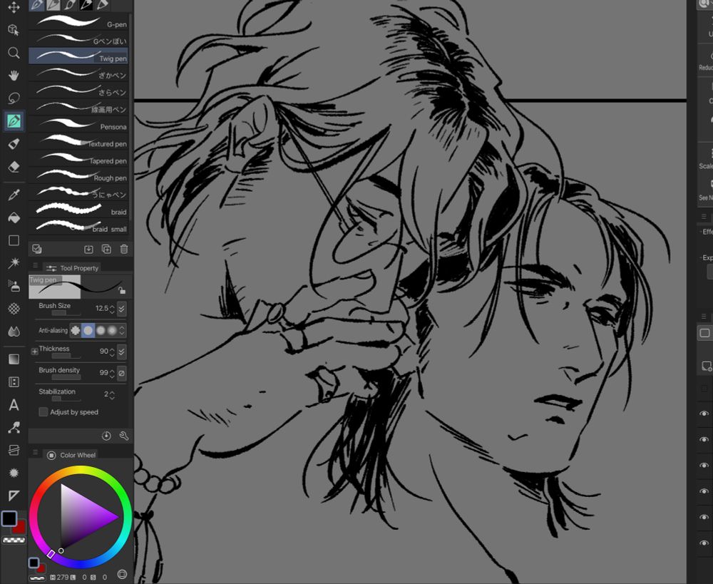 a work in progress of an illustration of my shared ocs. a blond man with black roots is whispering into the ear of a man with black hair.