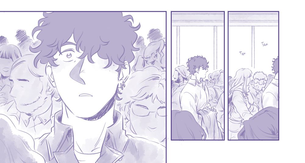 A three panel comic in a purple color. The first panel has a man standing in a crowd, eye wide and mouth open in quiet surprise. The second panel is him standing from the side, and the third panel is him starting to walk through the crowd.