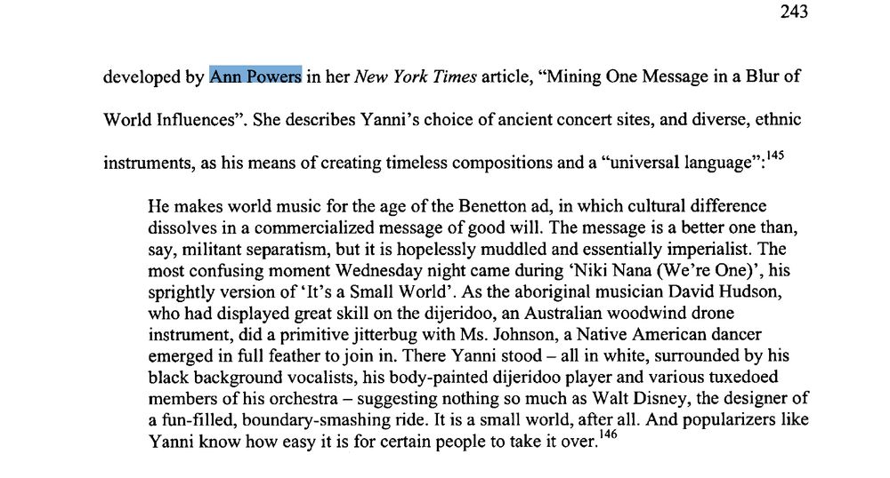 A quote from my review of Yanni at Radio City Music Hall, in a woman's dissertation
