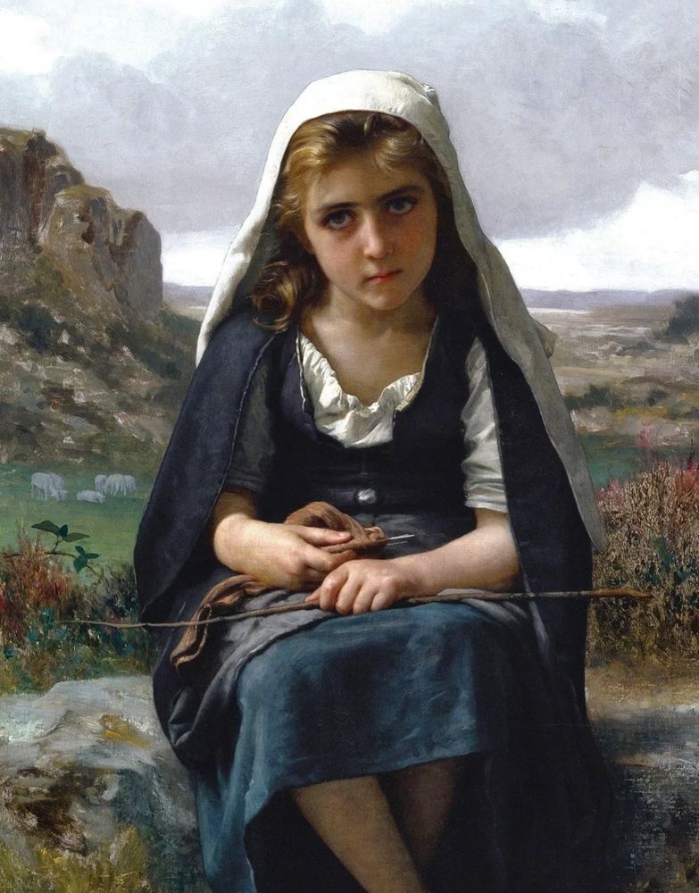 William-Adolphe Bouguereau's painting The Guardian of the Mountains -- a plaintife young shepherdhess sitting on a rock in a rustic setting, holding a stick. Her large eyes follow you when you move. 