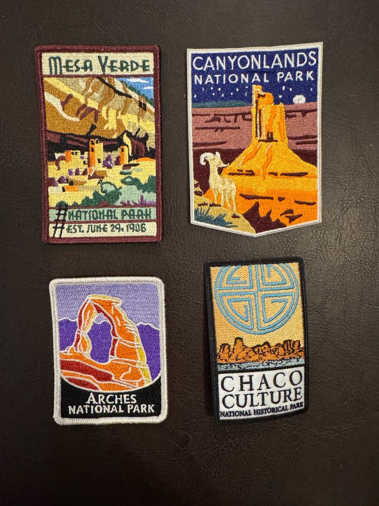 Image of patches from National Park gift shops: Arches & Canyonlands in Utah, Mesa Verde in Colorado, and Chaco Culture National Historical Park in New Mexico. 