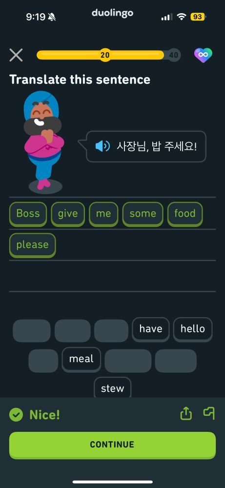 A screenshot from Duolingo with the sentence "Boss, please give me some food" in Korean