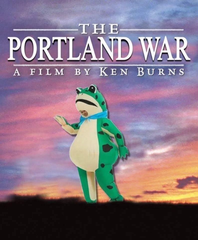 Cartoon of person in inflatable frog suit, against background reminiscent of the skyline movie poster for Gone With the Wind, "The Portland War, a film by Ken Burns.  (Satire)
