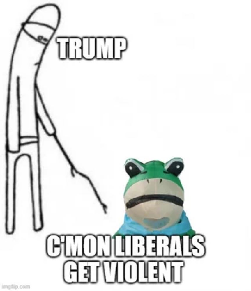 Cartoon of Trump poking a frog with a stick, and the slogan "C'mon liberals get violent"