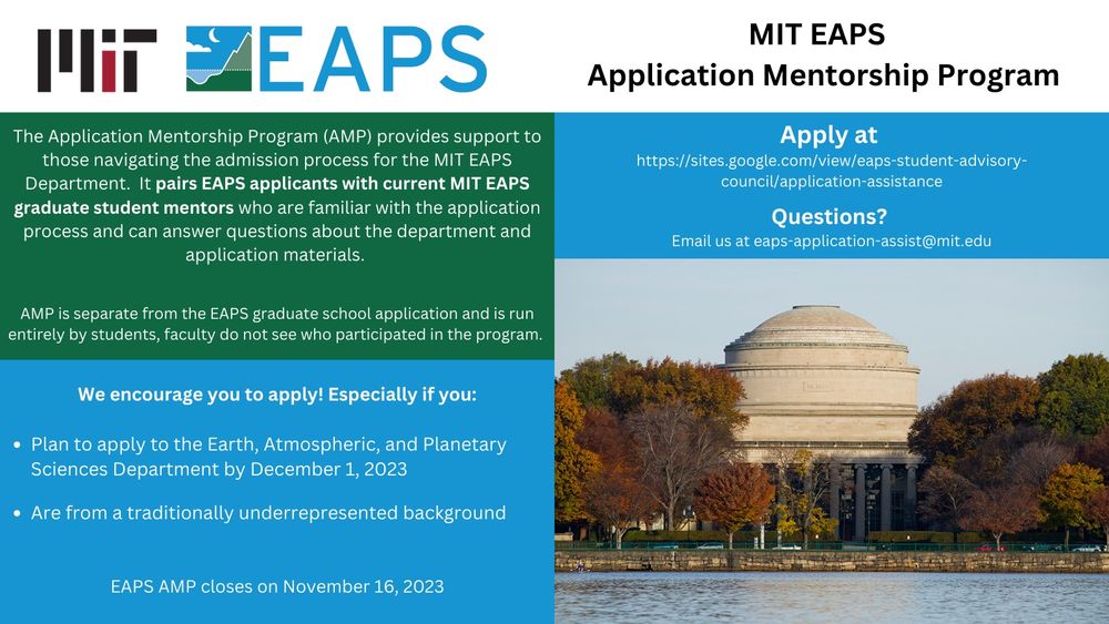 Advertisement for the MIT EAPS Application Mentorship Program. Open to all prospective students to receive feedback from current EAPS grad students. Closes November 16th.