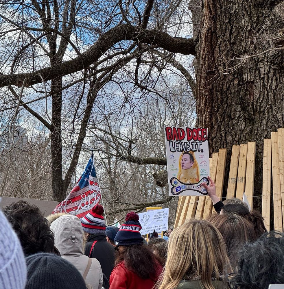 Photo of a sign that reads “Bad DOGE! Leave it” at the Stand Up for Science protest in Boston 