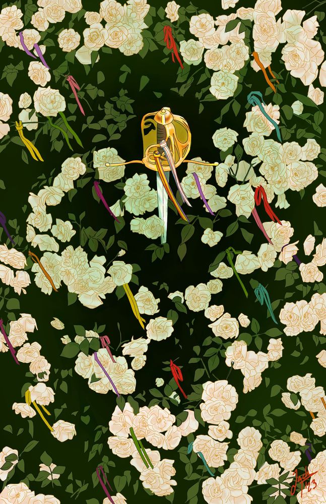 illustration closeup to a rosebush covered in white roses. a sword with a golden basket hilt is pierced into the bush. a gay and trans pride ribbon hang from the sword hilt. a variety of other colored ribbons hang from the roses