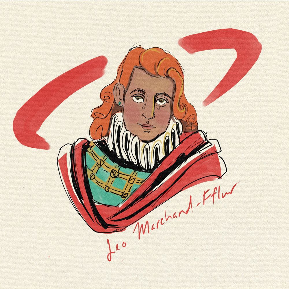sketch of a man with a long nose and big eyes looking towards the viewer.  he has long red hair and is wearing a neck ruff and a draped red robe.