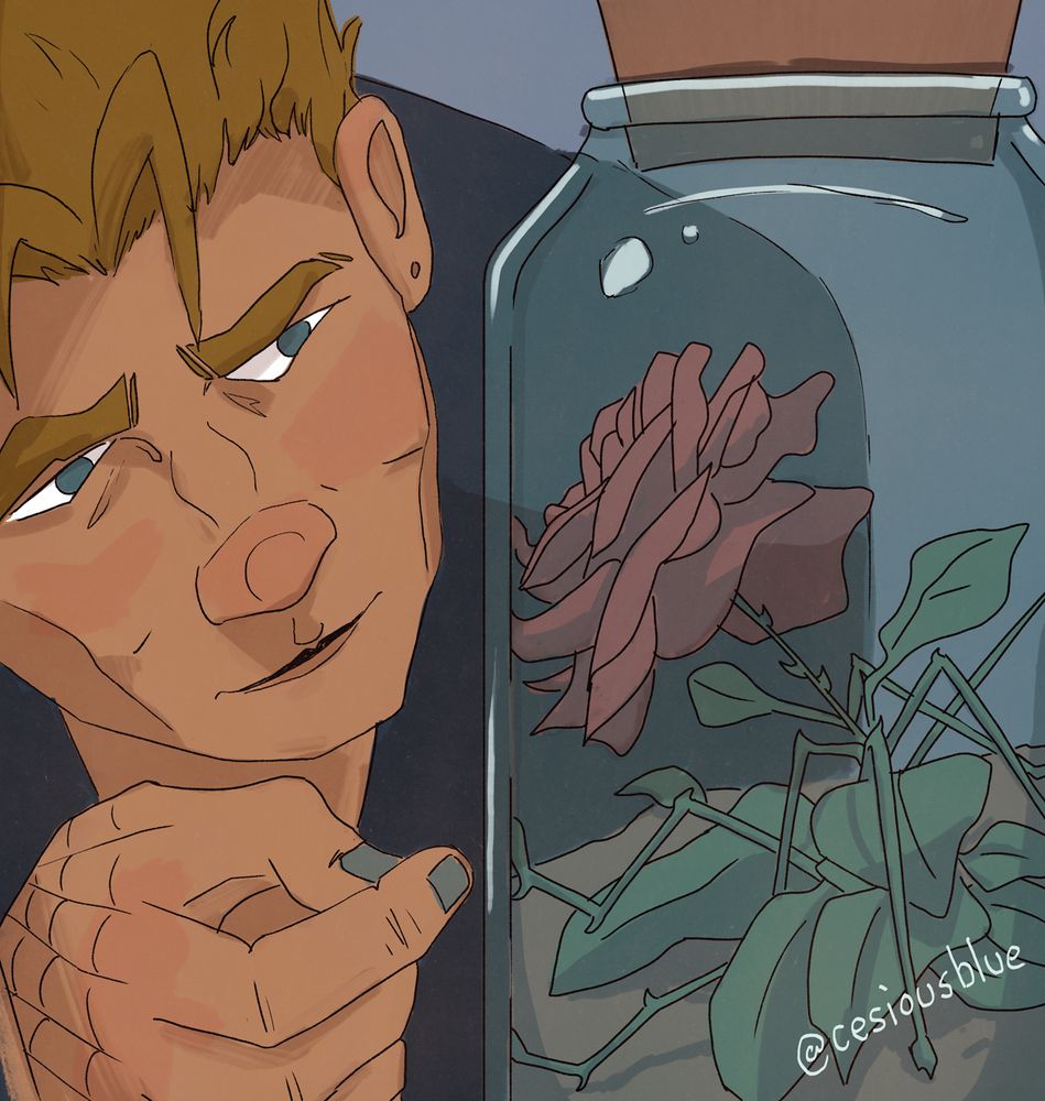 Lyke from Sangfiells tapping at the glass of a container holding a bug-like rose creature