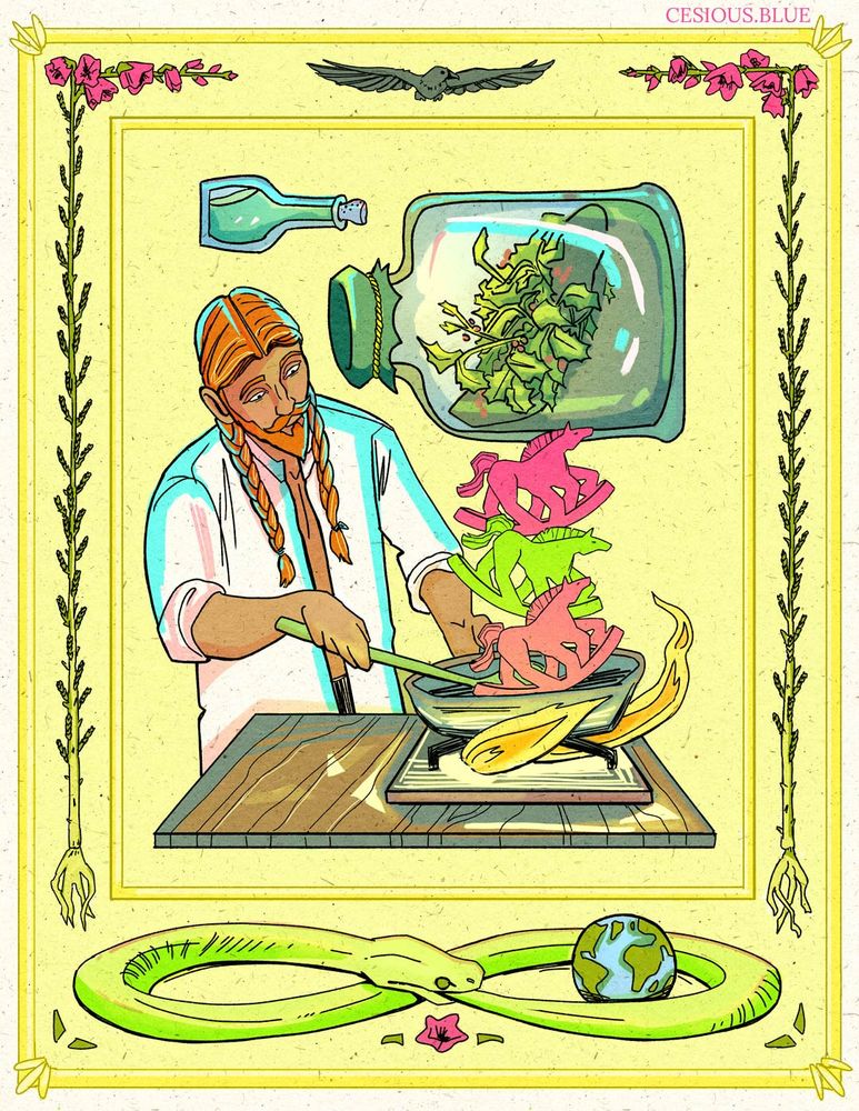 illustration of Loki in an illustrated frame, a man with red beard and two long braids, paying attention to a frying pan. From the frying pan lifts three little Sleipnir rocking horses. a jar full of mistletoe in the design behind him. In the frame is flowered heather, Jörmungandr the world serpent as a lemniscate with the earth in the right side
