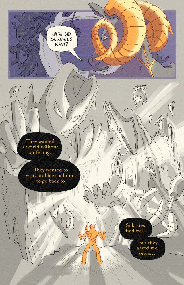 comic page - thisbe, a deer like robot with gold horns against a purple background asks "what did Sokrates want?" 

second panel shows big scary robots attacking a smaller golden mech suit. Gold dialogue: "They wanted a world without suffering. They wanted to win, and have a home to go back to. Sokrates died well- but that asked me once..."
