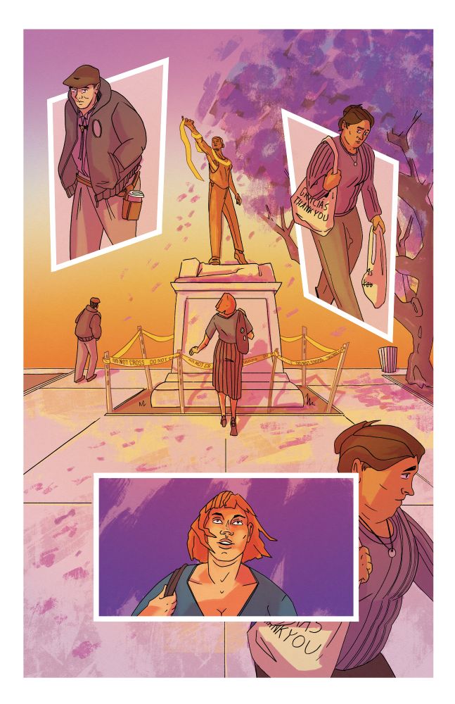 second page. a woman with red hair looks up at the statue while other people in the nearly empty square rush away, glancing with curiosity and concern. It's dusk and a jacaranda tree covered in purple flowers is in the background