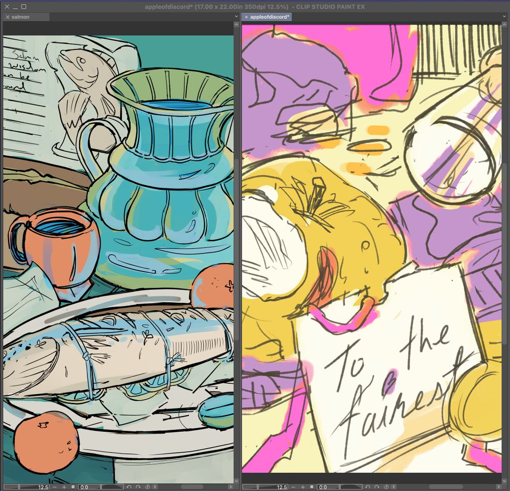 bits of two illustrations open in clip studio paint. on is a salmon on a plate stuffed with lemon and pages and one is a golden apple with 'to the fairest' written on a paper in front