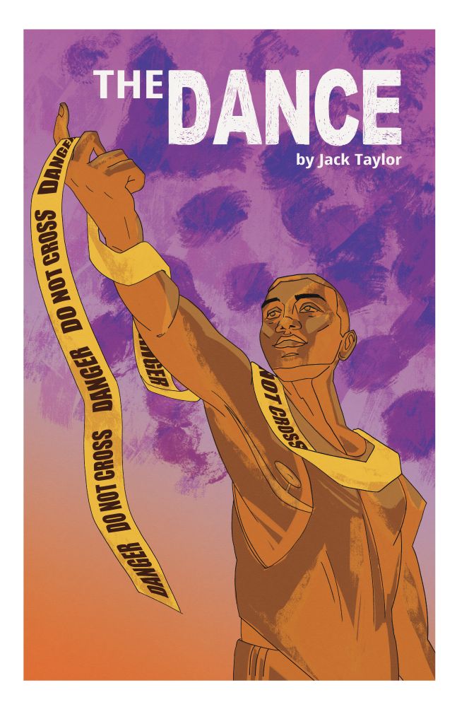 title/first page of The Dance by Jack Taylor showing a statue of a trans man wearing workout clothes. He lifts his arm dramatically to the sky. He is draped in police tape.
